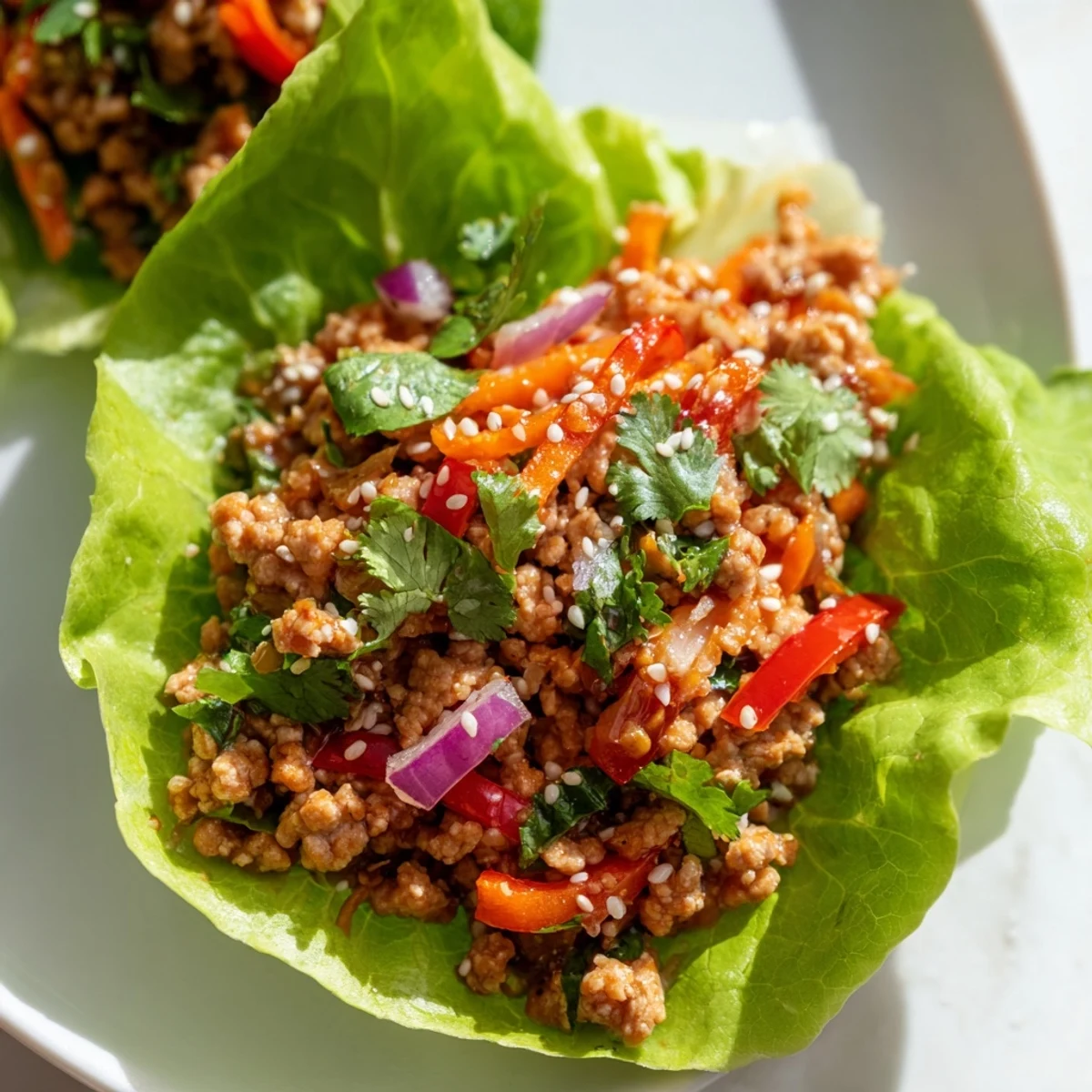 Seasoned ground turkey served in crisp romaine lettuce cups with fresh vegetables and sesame seeds