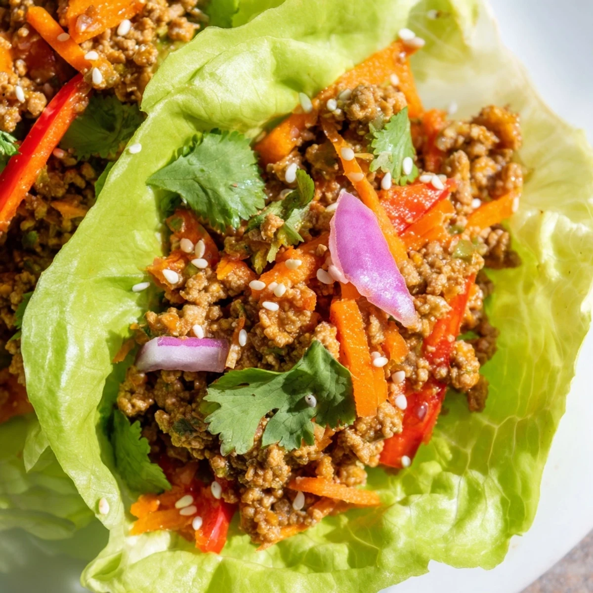 Healthy ground turkey lettuce wrap bowls topped with cilantro and lime wedges for garnish