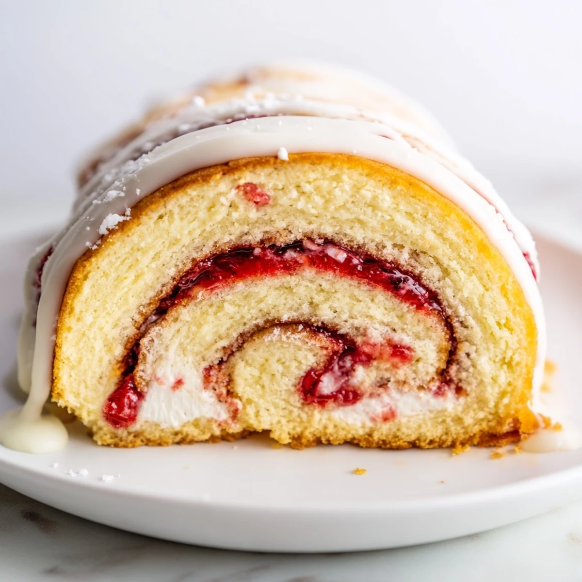 Golden Strawberry Shortcake Cheesecake Rolls drizzled with sweet vanilla glaze on white plate