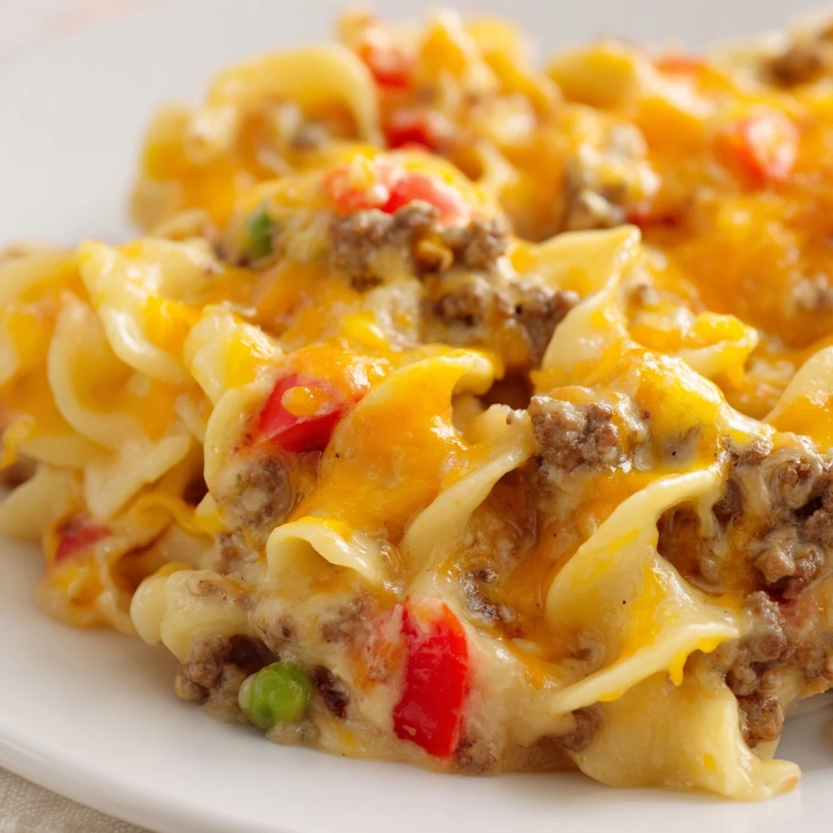 Golden bubbly cheesy beef and noodle casserole fresh from the oven with melted cheddar topping