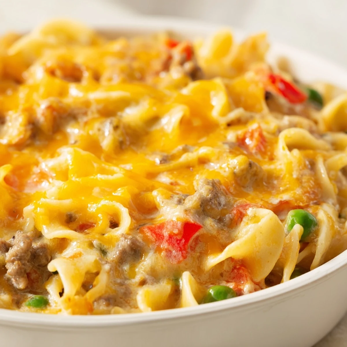 Creamy cheesy beef and noodle casserole with tender egg noodles in a rich, savory sauce