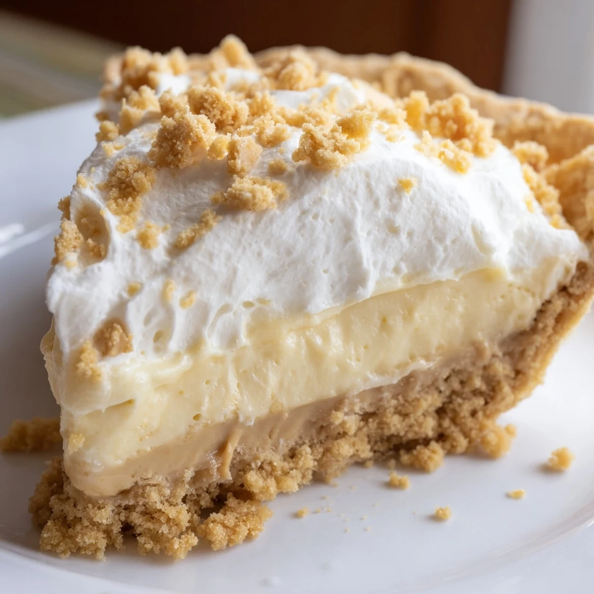 Creamy Amish peanut butter dream pie topped with fluffy whipped cream and golden crumb topping