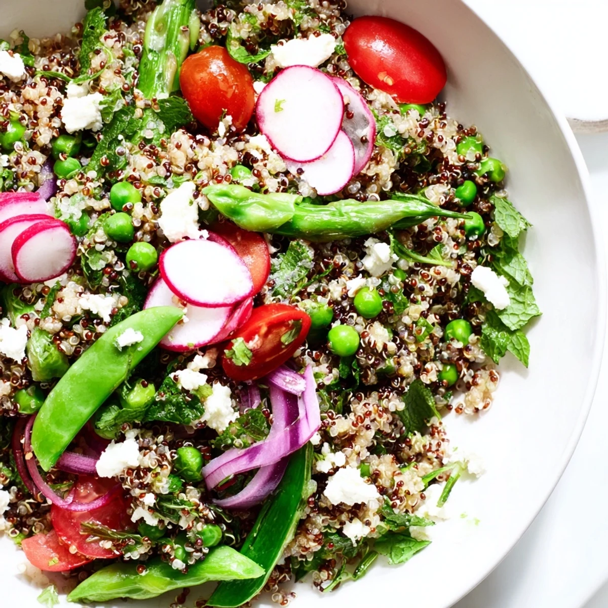 Fluffy quinoa mixed with crisp asparagus, radishes, and snap peas in a bright spring salad
