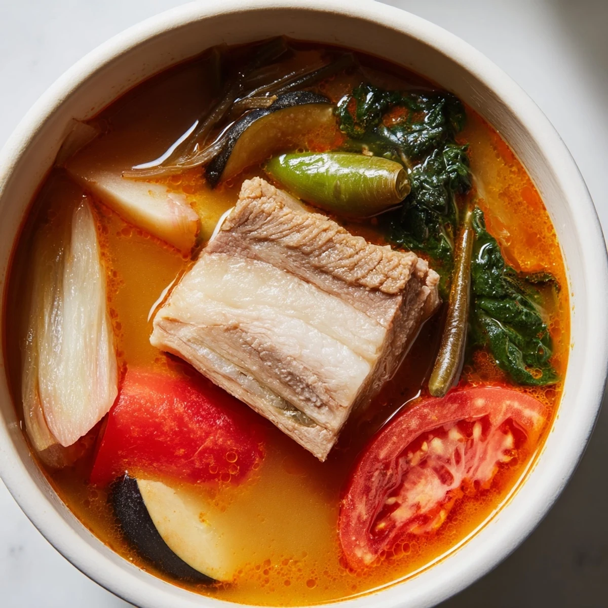 Filipino Sinigang sour soup featuring vibrant spinach eggplant and daikon in a rustic earthenware bowl