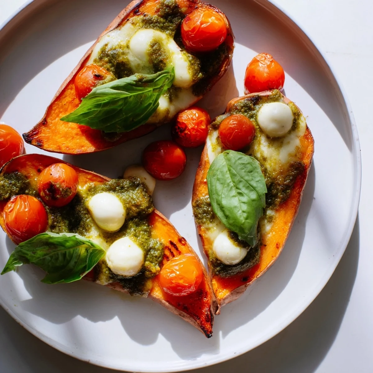 Summer Sweet Potatoes with tomatoes and mozzarella served on a rustic wooden board with fresh basil garnish.