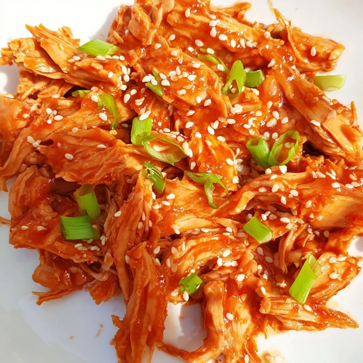 Tender shredded Slow Cooker Sweet Chili Chicken draped in glossy Asian-inspired sauce on a white plate