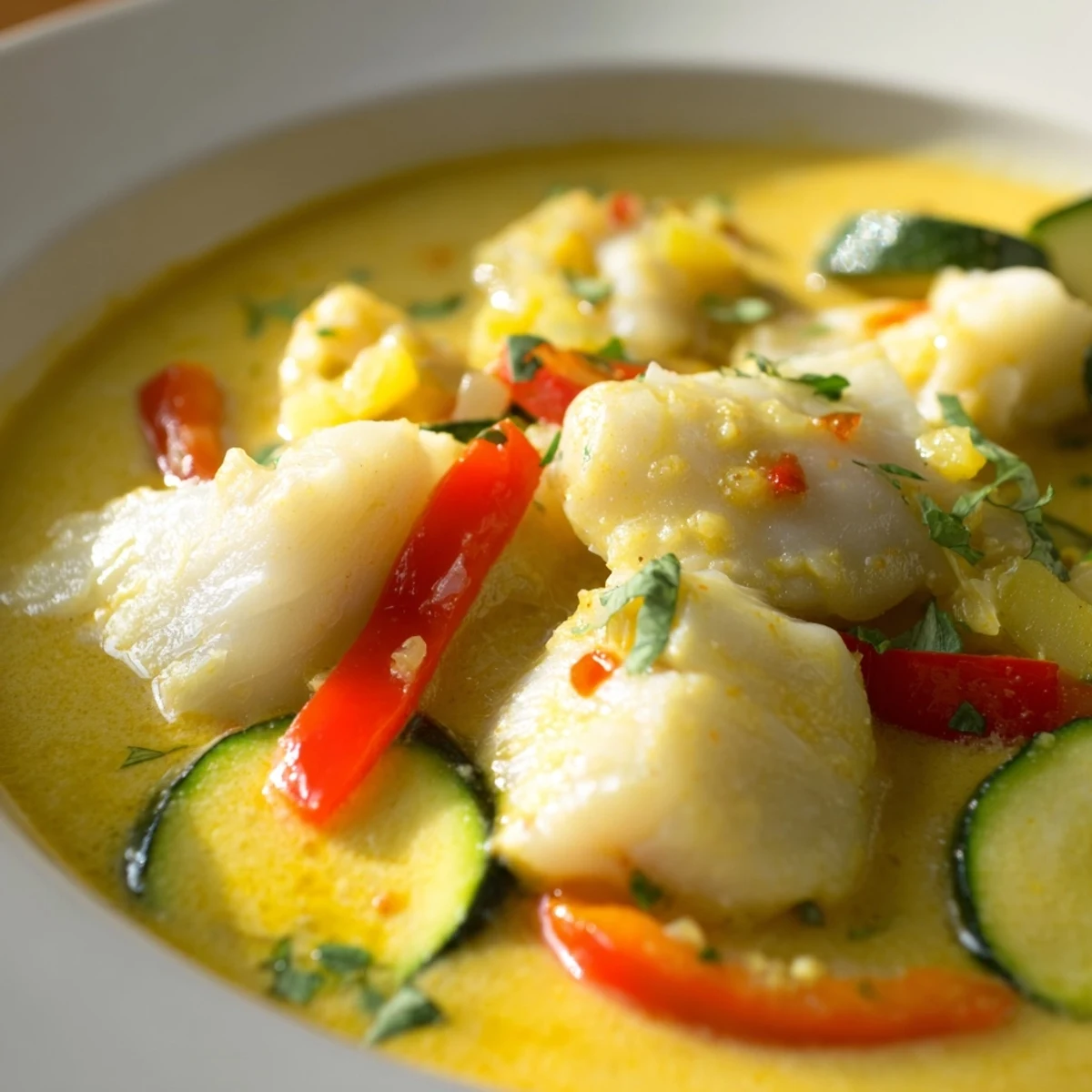 Creamy coconut white fish stew in a golden bowl with fresh cilantro and lime wedges