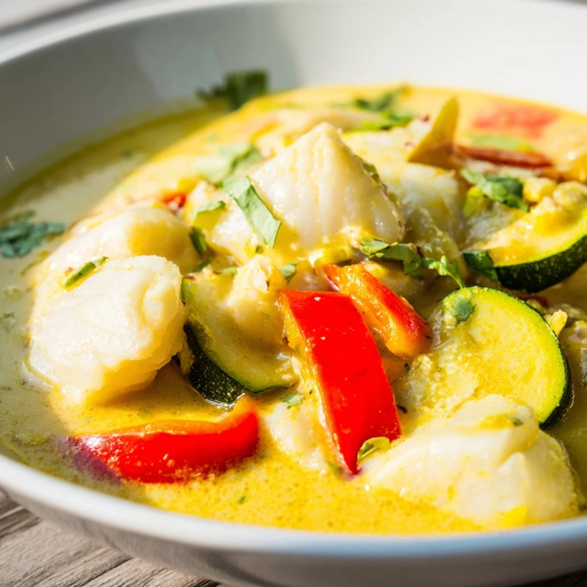 Tender white fish chunks simmered in aromatic coconut broth with colorful vegetables and spices