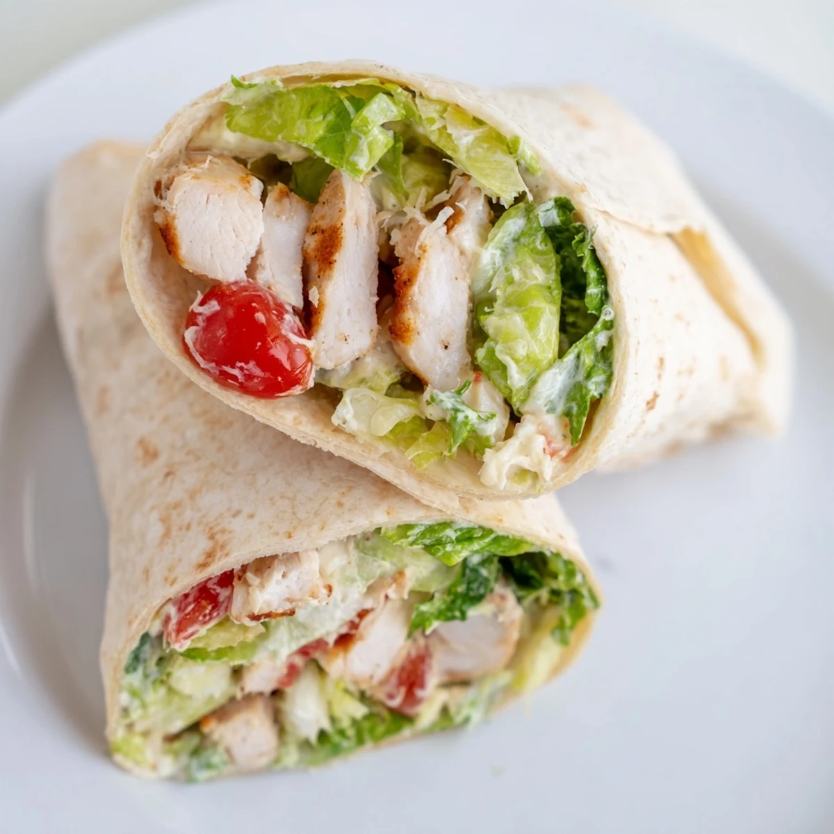 Golden chicken Caesar wraps filled with crisp romaine, creamy dressing, and shaved Parmesan cheese