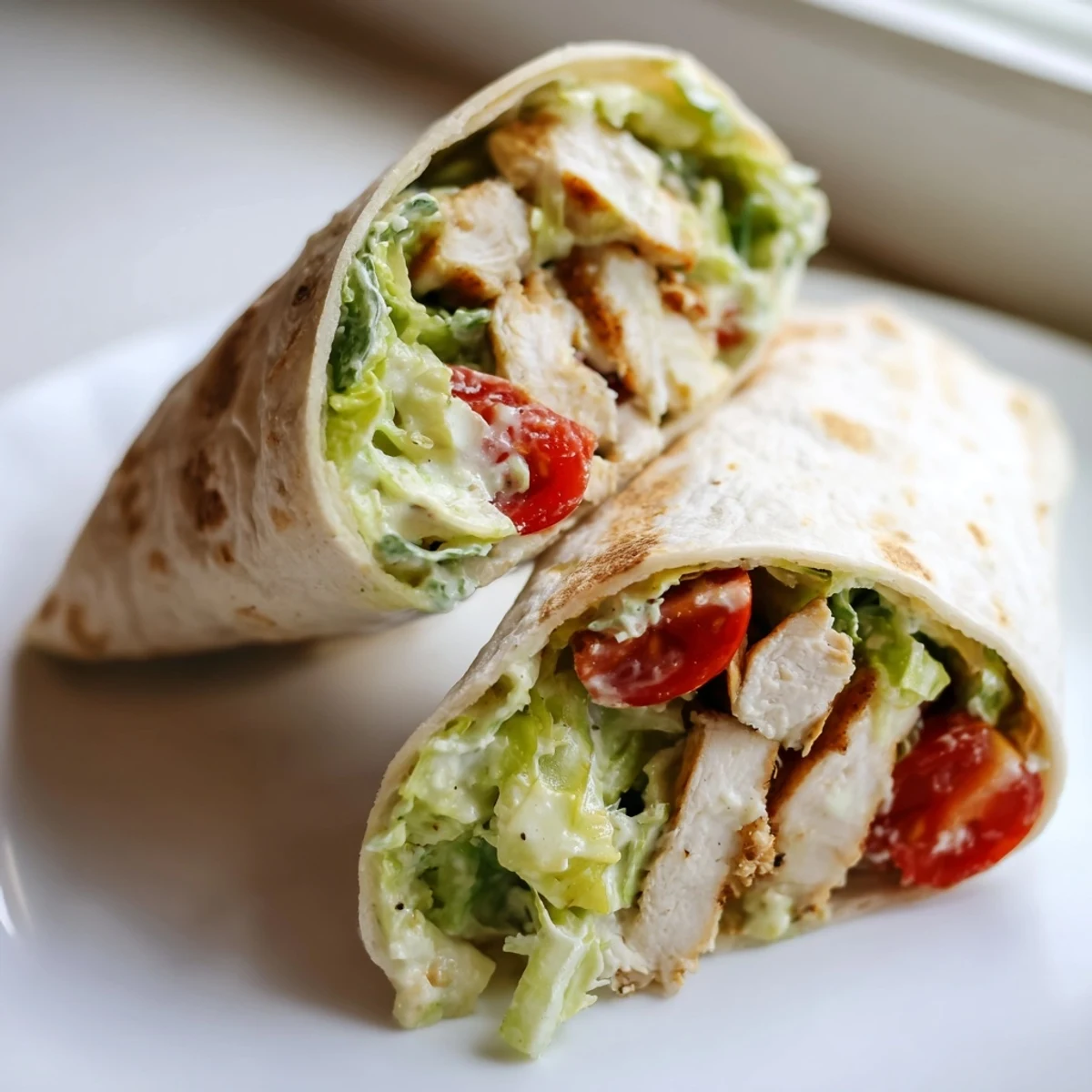 Grilled chicken Caesar wraps rolled in soft flour tortillas with crunchy lettuce and tangy dressing
