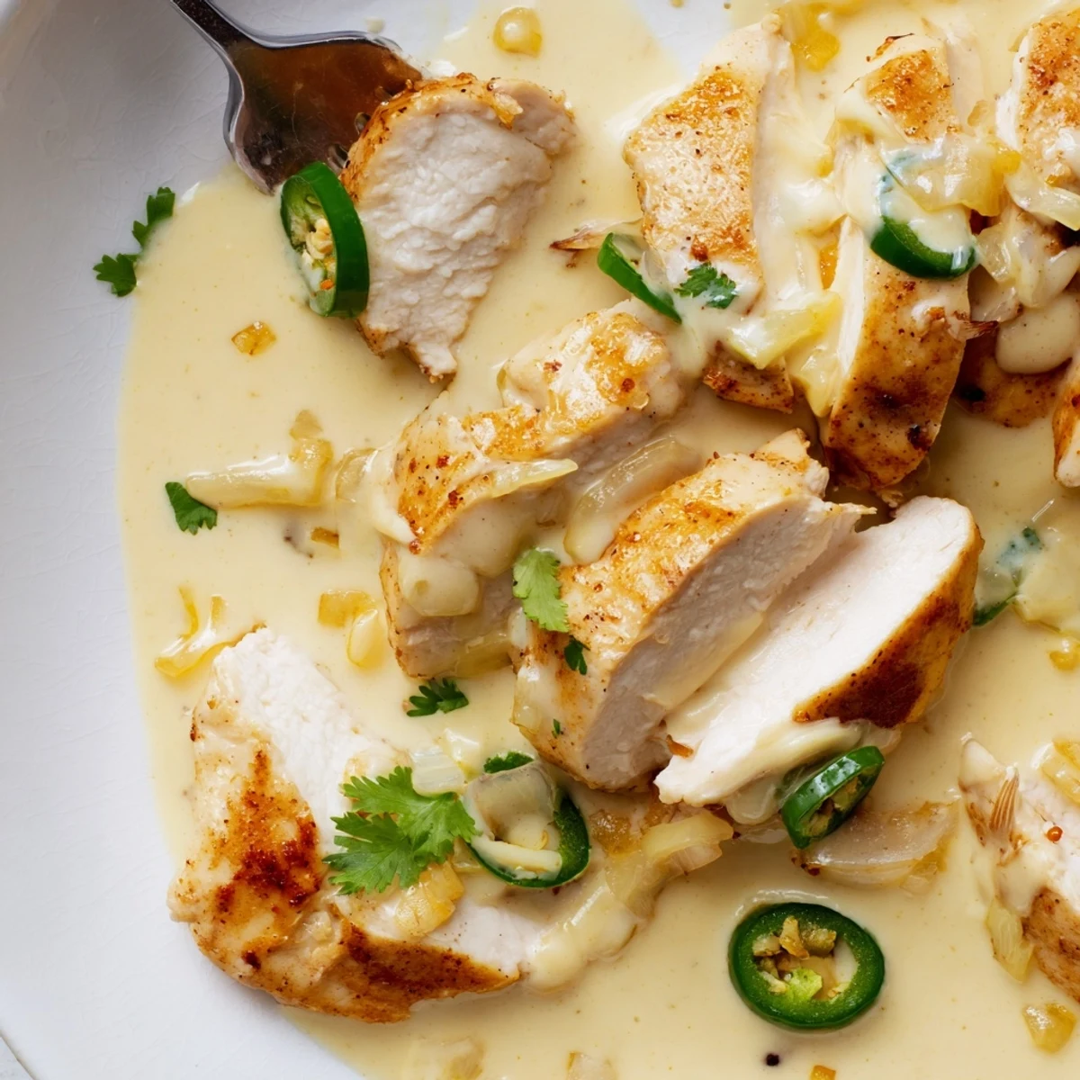 Spicy jalapeno chicken breasts smothered in rich cream sauce with tender sliced peppers