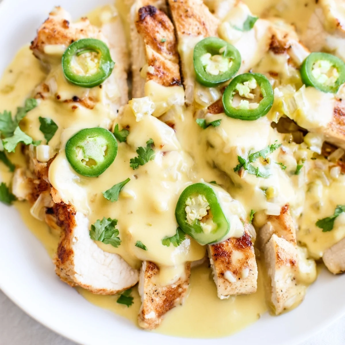 Creamy jalapeno chicken in a golden skillet topped with fresh cilantro and melted cheese
