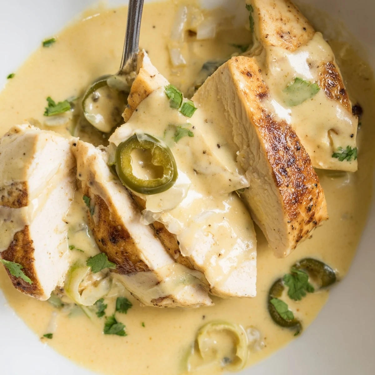 Golden seared jalapeno chicken nestled in a velvety Monterey Jack sauce ready to serve