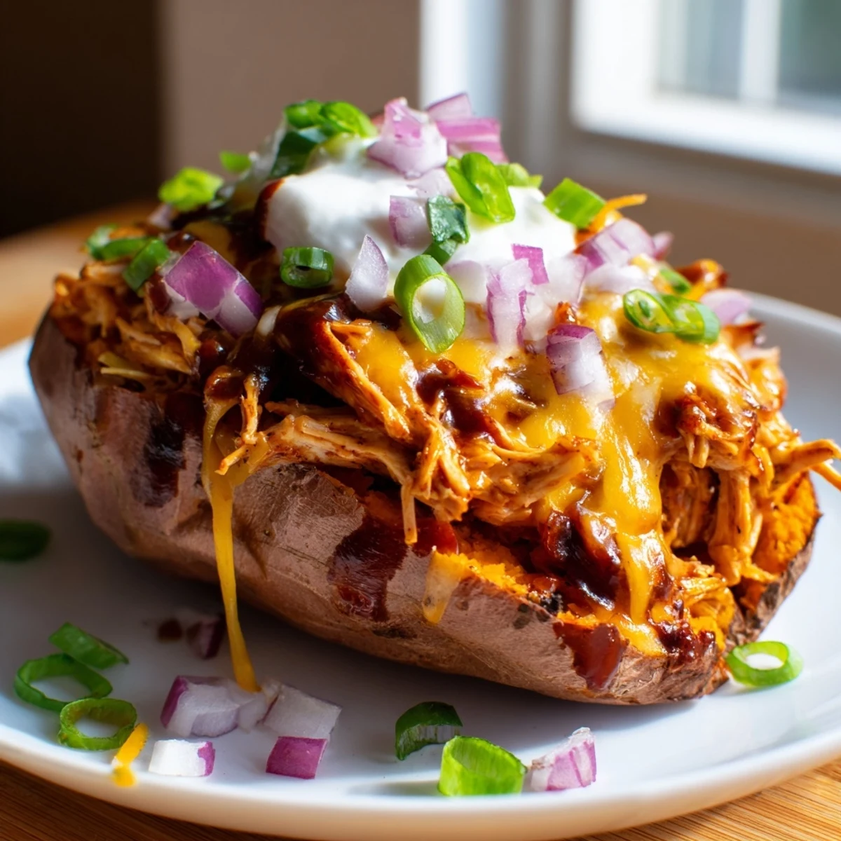 BBQ Chicken Stuffed Sweet Potatoes loaded with melted cheddar and fresh green onions