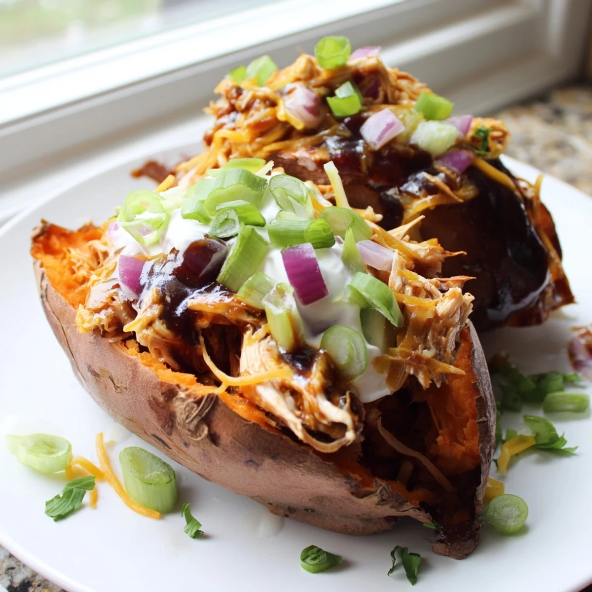 Crispy roasted sweet potatoes topped with smoky BBQ chicken and bubbling cheese