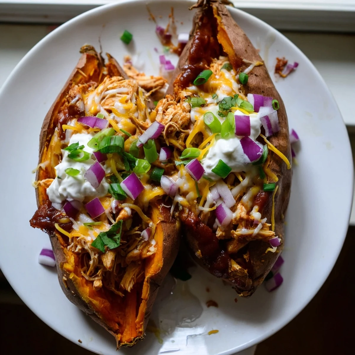 Hearty BBQ Chicken Stuffed Sweet Potatoes garnished with sour cream and cilantro