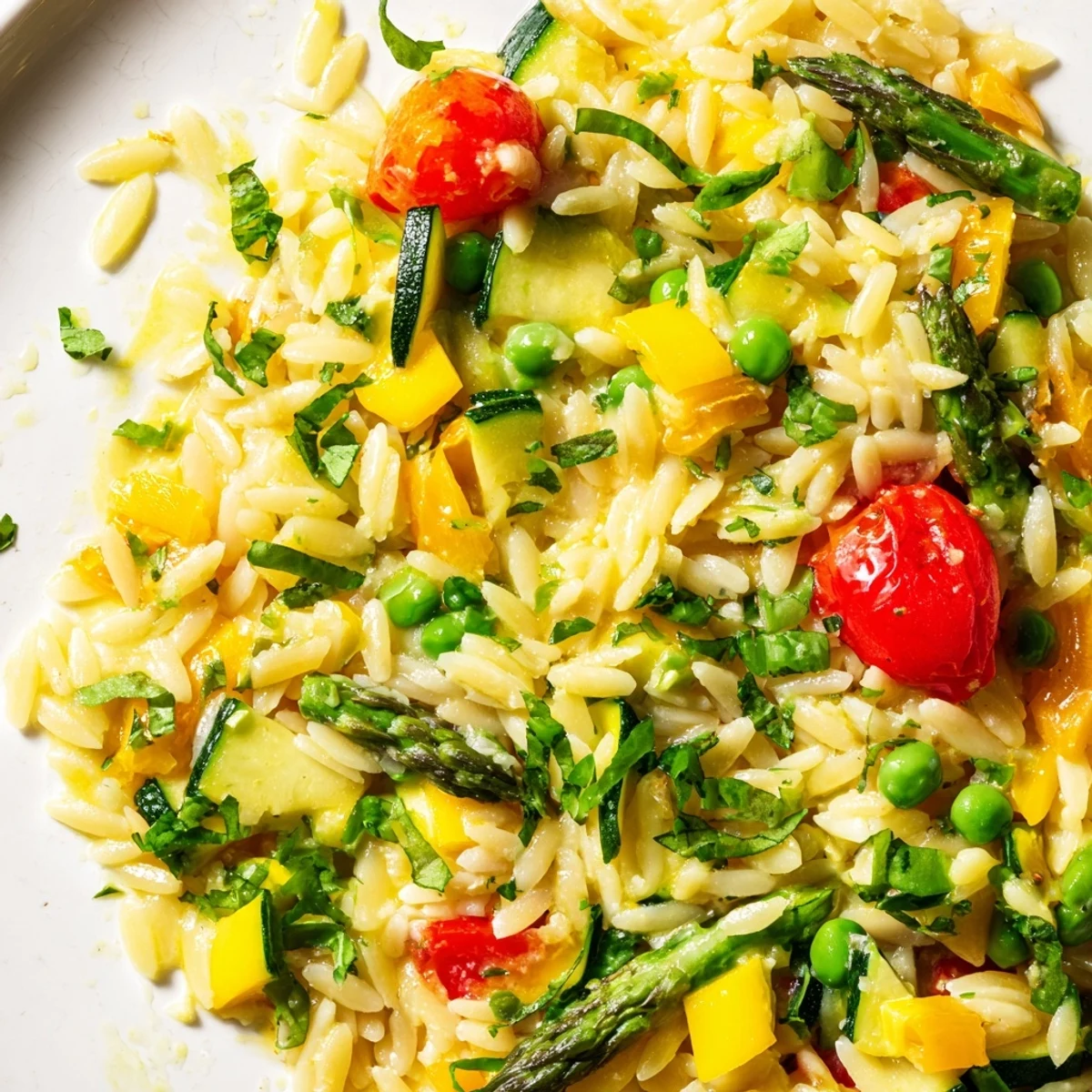 Colorful orzo primavera with fresh vegetables and herbs in a bright lemon sauce