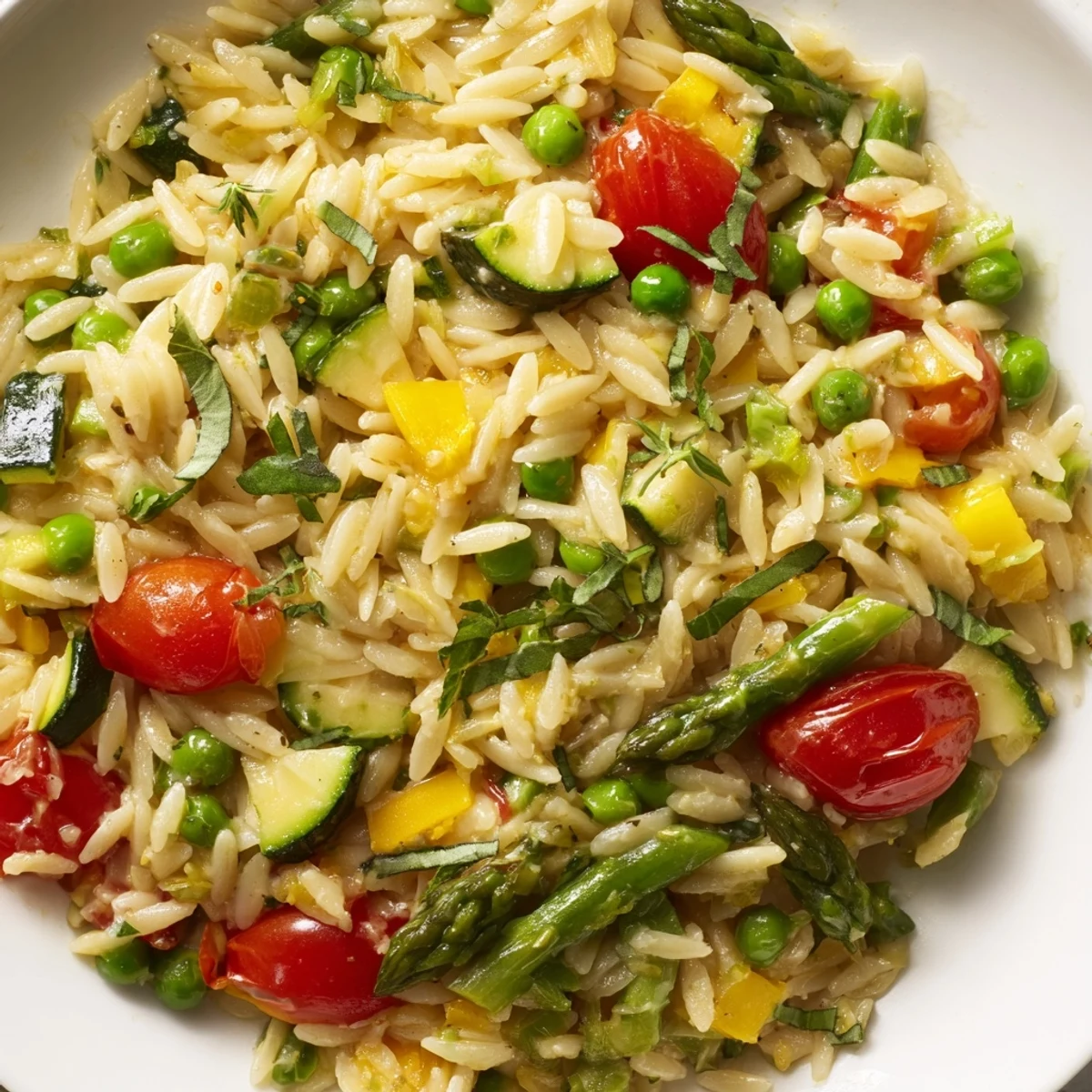 Creamy orzo primavera tossed with tender asparagus, peas, and cherry tomatoes