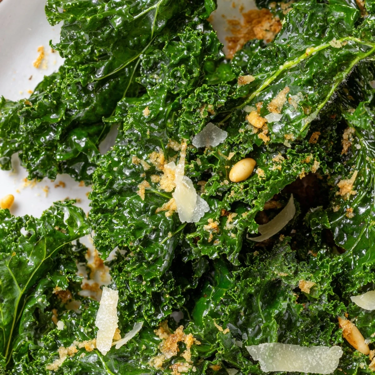 Garlic Lemon Parmesan Kale Salad tossed in zesty dressing with shaved cheese and pine nuts