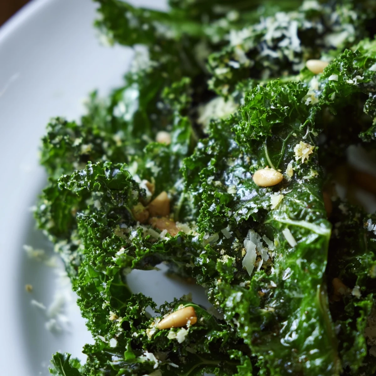 Bright green massaged kale leaves coated in tangy garlic-lemon Parmesan dressing served in a wooden bowl