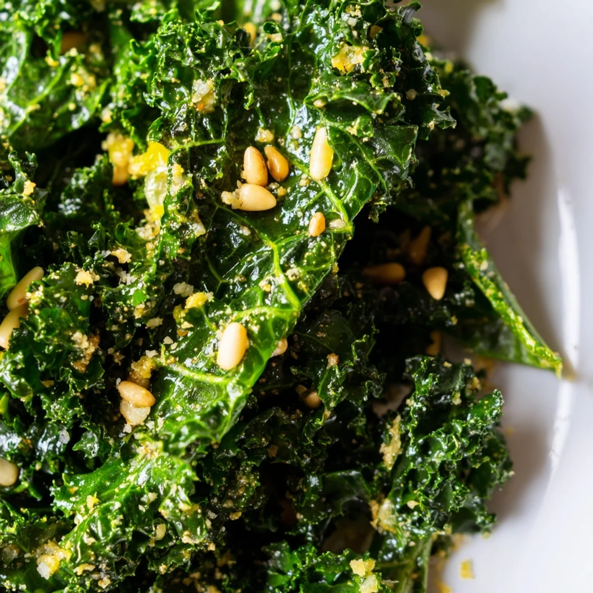 Crispy Garlic Lemon Parmesan Kale Salad topped with toasted almonds and golden shaved cheese
