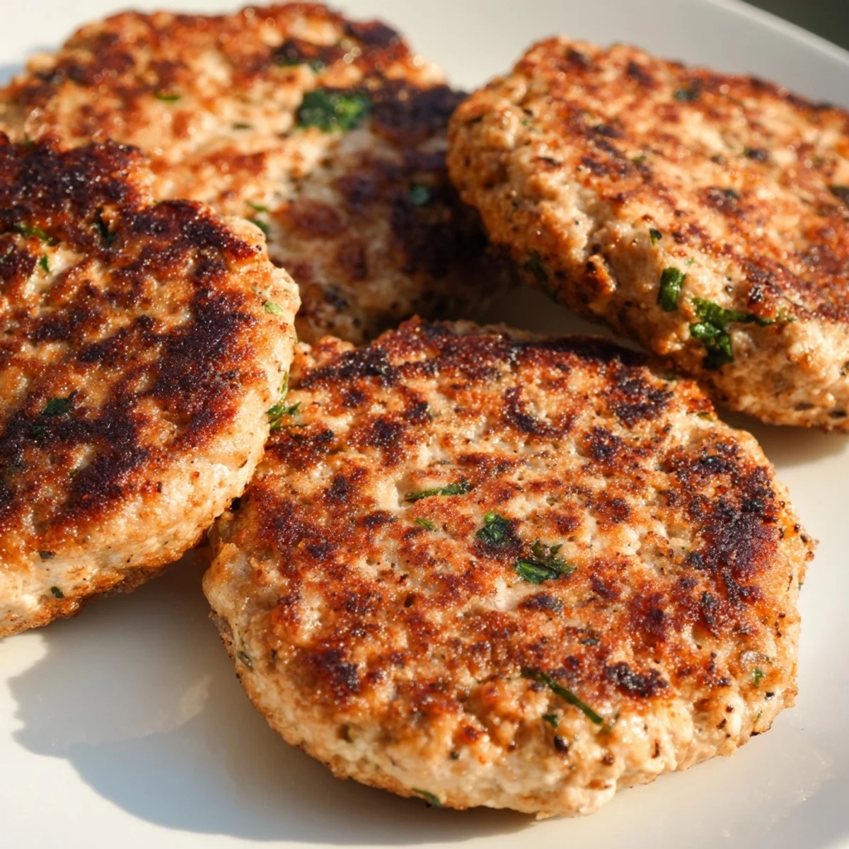 Golden brown ground turkey sausage patties sizzling in a cast iron skillet