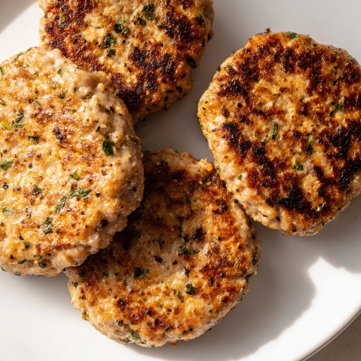 Homemade ground turkey sausage seasoned with sage and paprika on a breakfast plate
