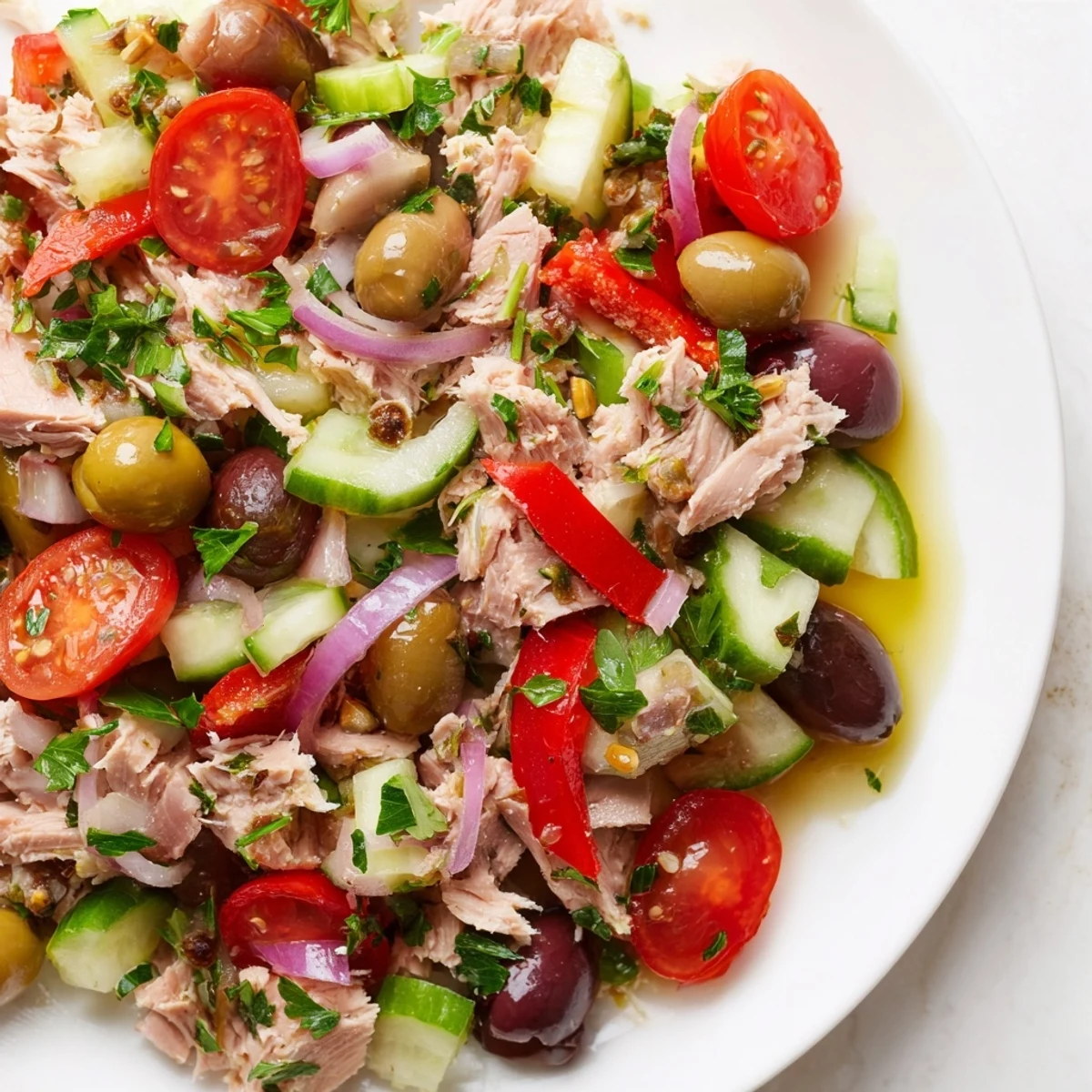 Simple Mediterranean Tuna Salad topped with olives, tomatoes, and a bright lemon dressing