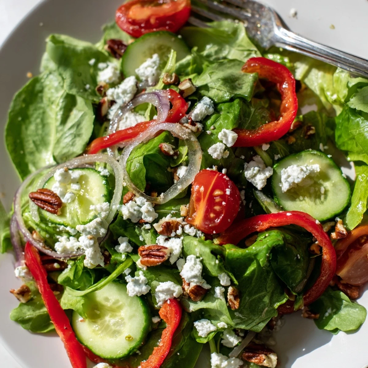 Fresh spring mix salad with colorful vegetables and tangy balsamic vinaigrette in wooden bowl