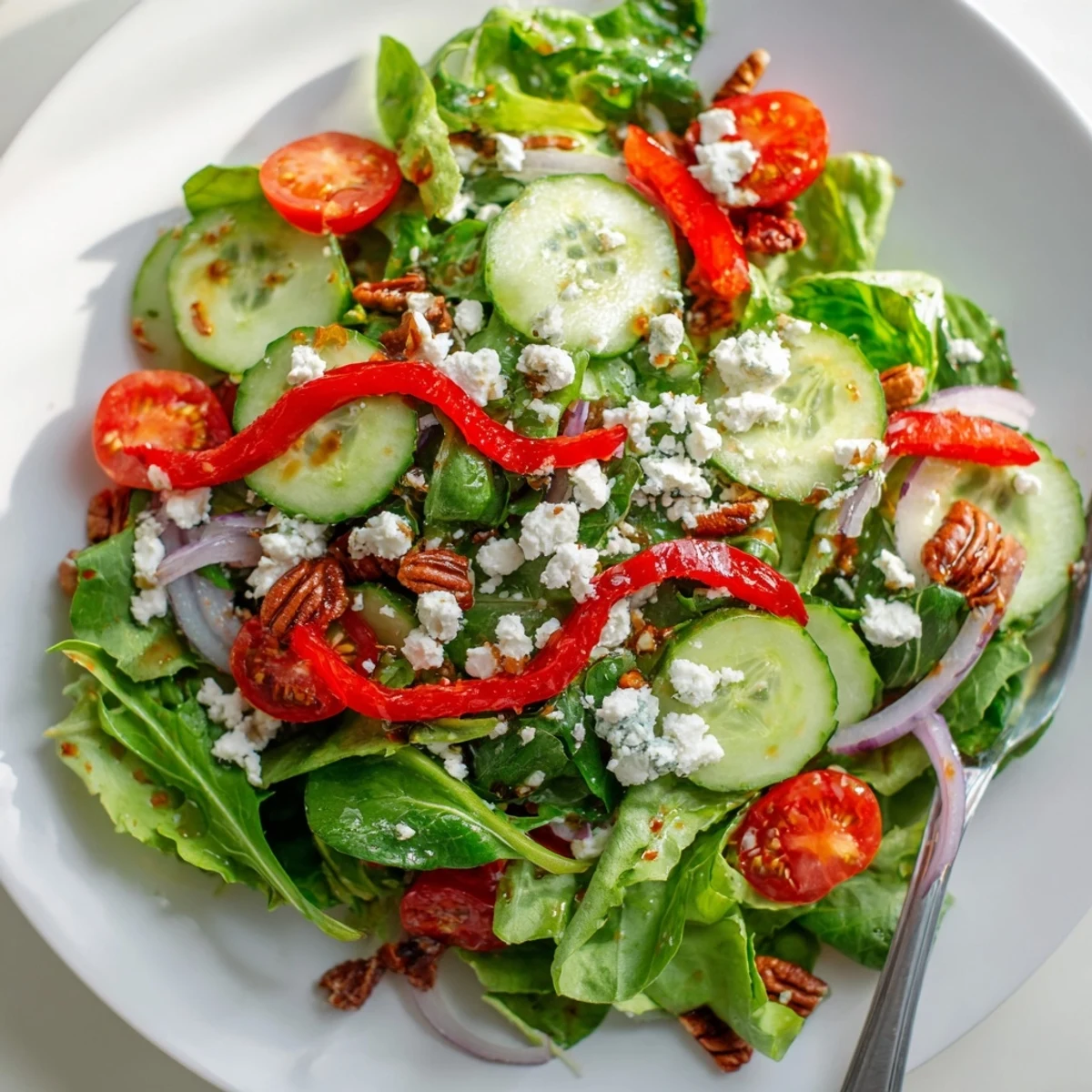 Crisp spring mix salad topped with crumbled feta, cherry tomatoes, and toasted pecans
