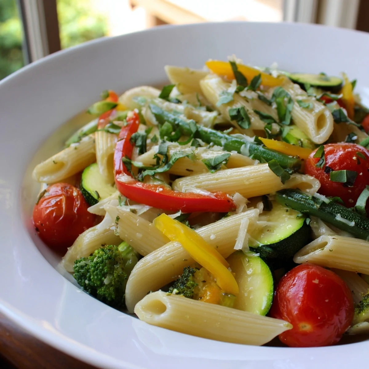 Colorful Pasta Primavera loaded with fresh spring vegetables in a light garlic sauce