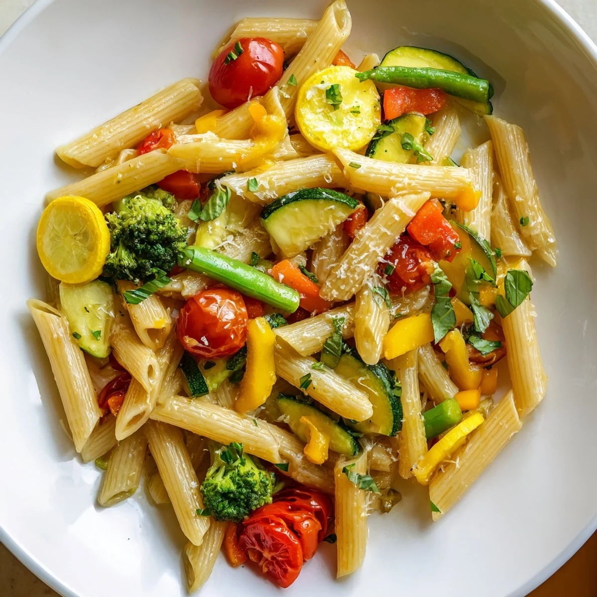 Creamy Pasta Primavera topped with grated Parmesan and fresh basil leaves