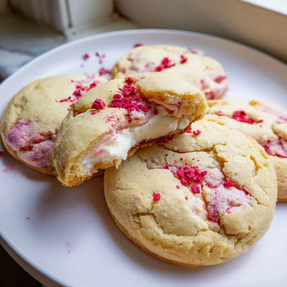 Soft strawberry cheesecake cookies with golden edges and creamy centers on a rustic baking sheet