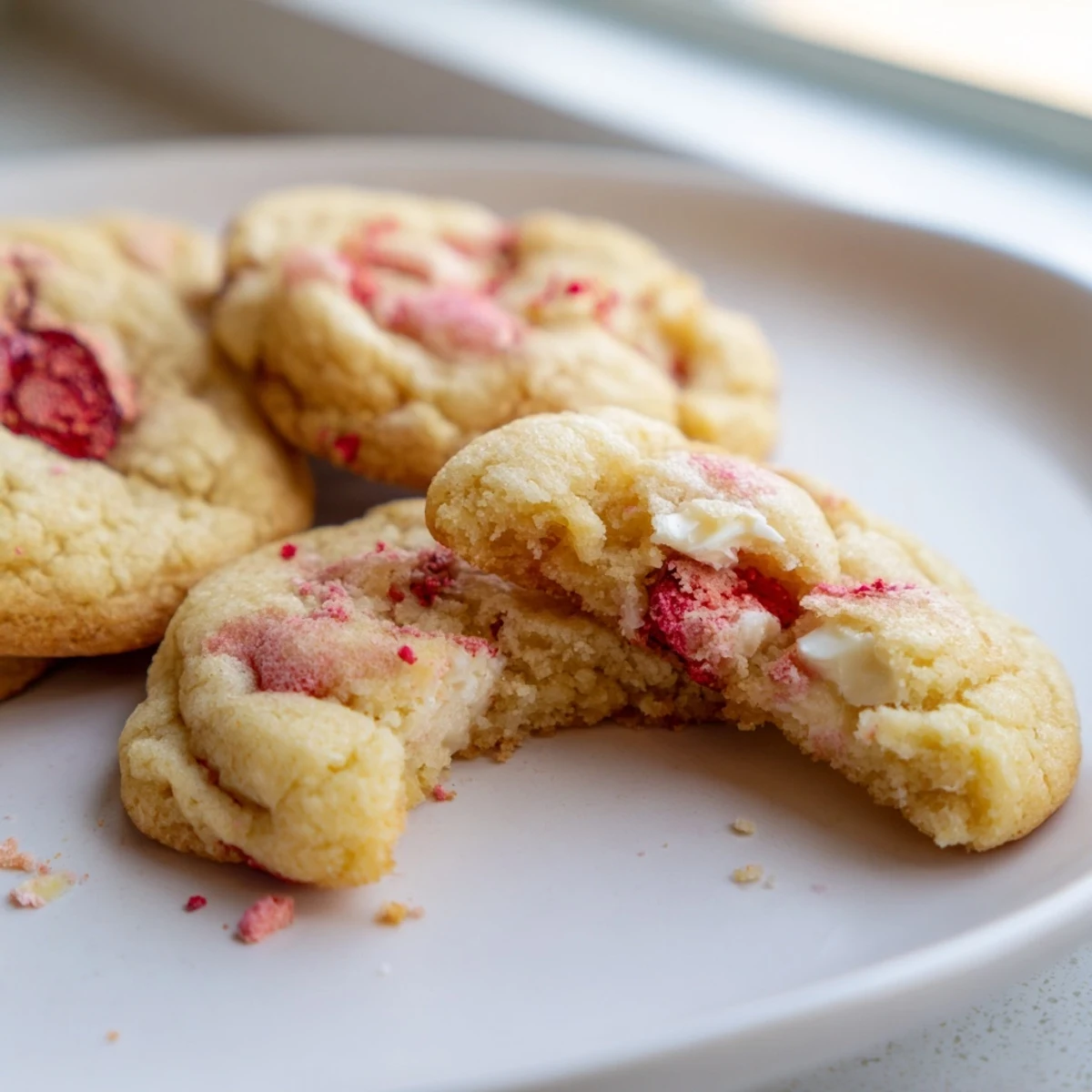 Chewy strawberry cheesecake cookies topped with crushed freeze-dried berries for a vibrant dessert presentation