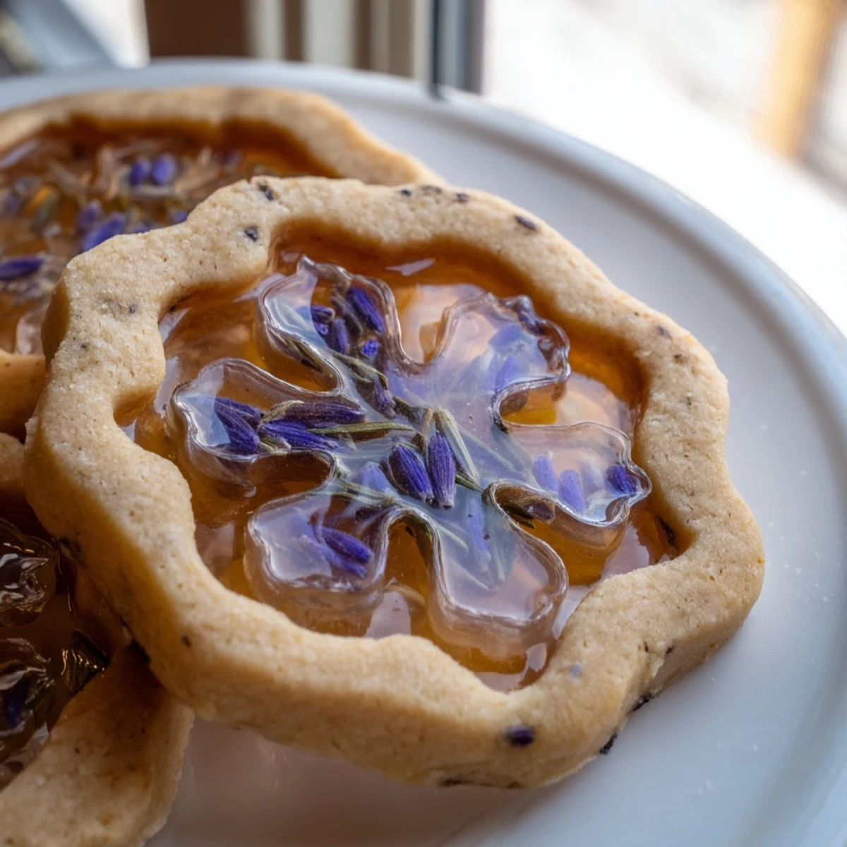 Earl Grey Stained Glass Floral Cookies arranged on a vintage porcelain plate for afternoon tea