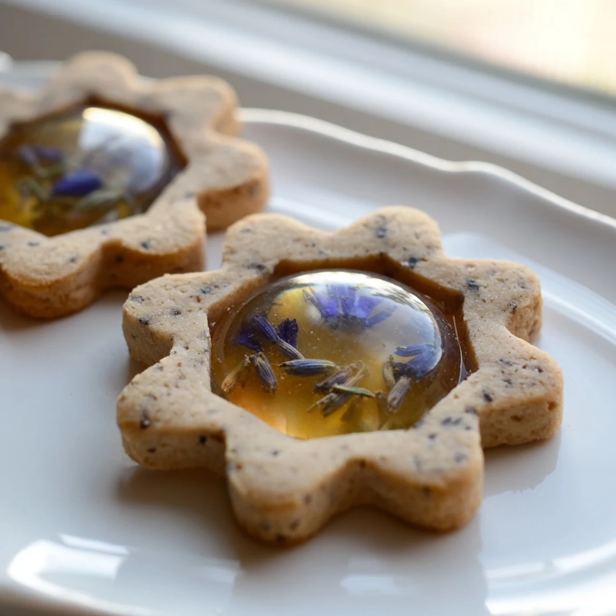 Glossy translucent candy centers with pressed violets shine in these Earl Grey Stained Glass Floral Cookies