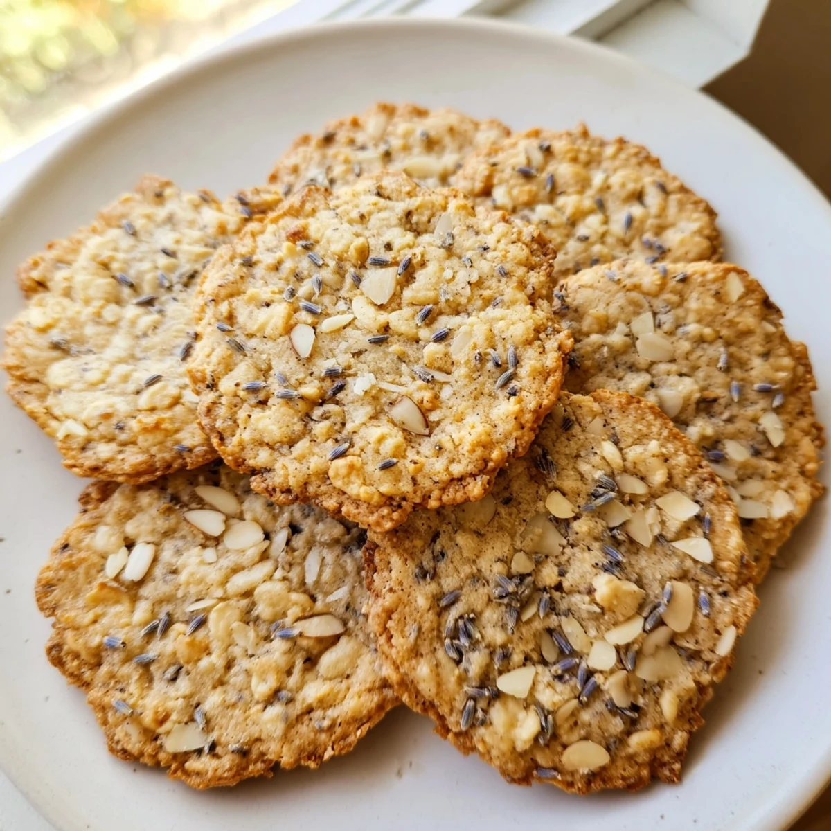 Crisp lavender honey crunch cookies cooling on a wire rack with visible toasted almond pieces