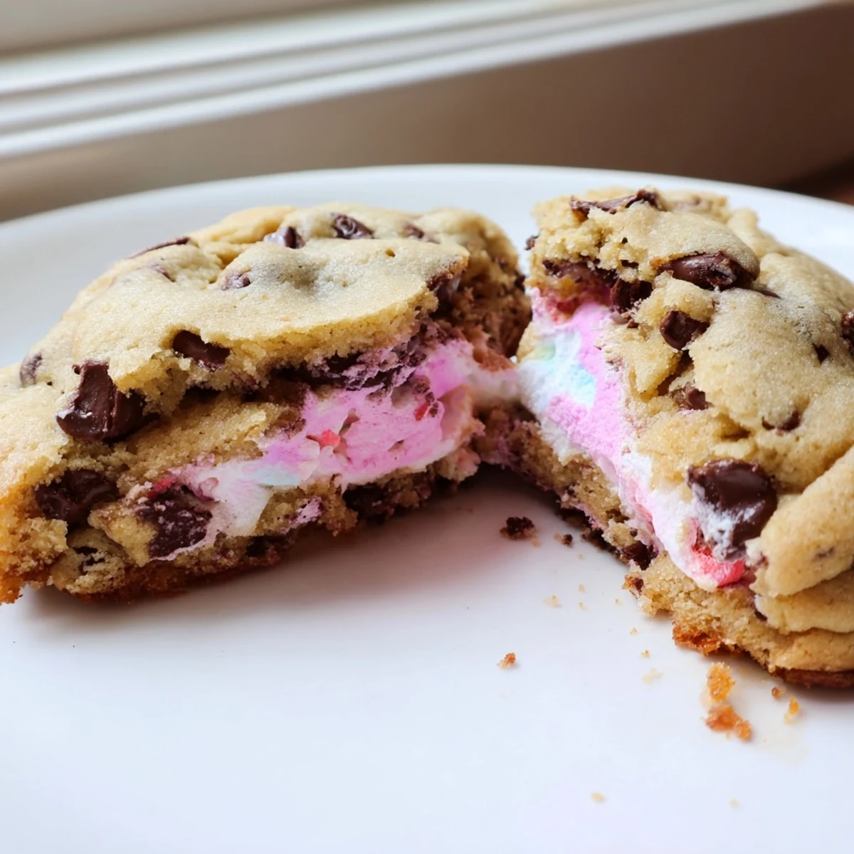 Colorful Peeps peeking out of soft-baked chocolate chip Easter cookies on rustic baking sheet