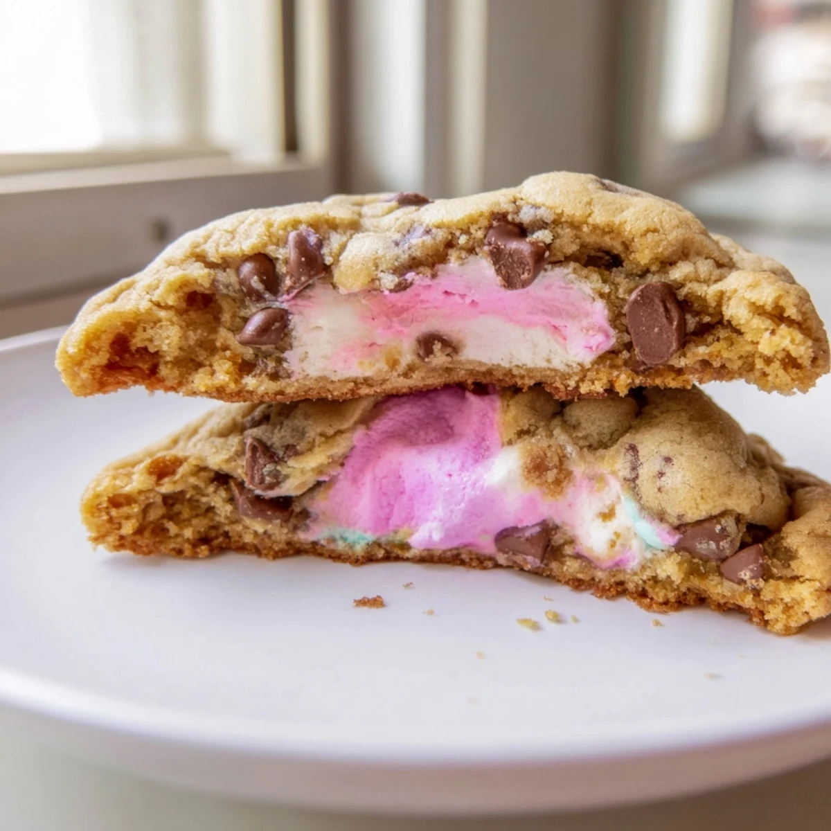 Golden chocolate chip Peep stuffed Easter cookies with melty marshmallow centers displayed
