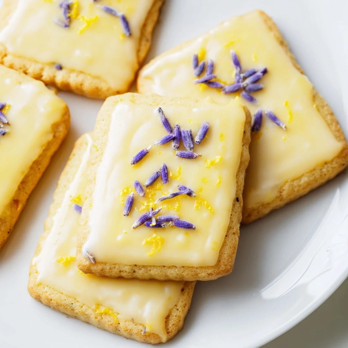 Iced lemon lavender shortbread cookies with glossy icing drizzled on top and scattered lavender buds