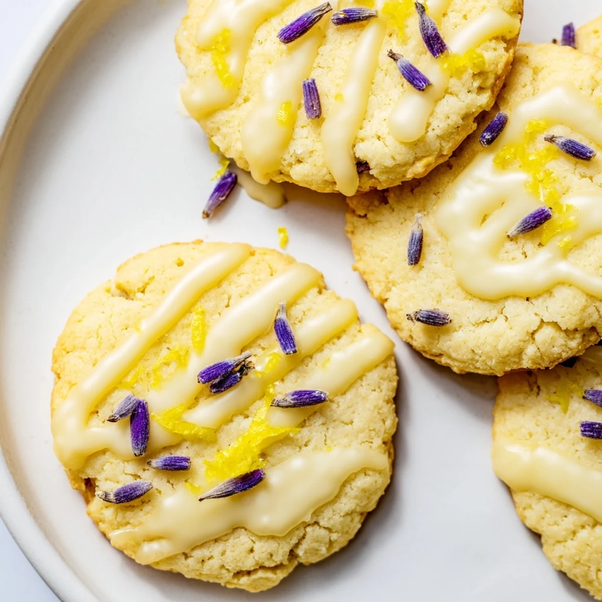 Buttery iced lemon lavender shortbread cookies arranged on a rustic serving board with tea