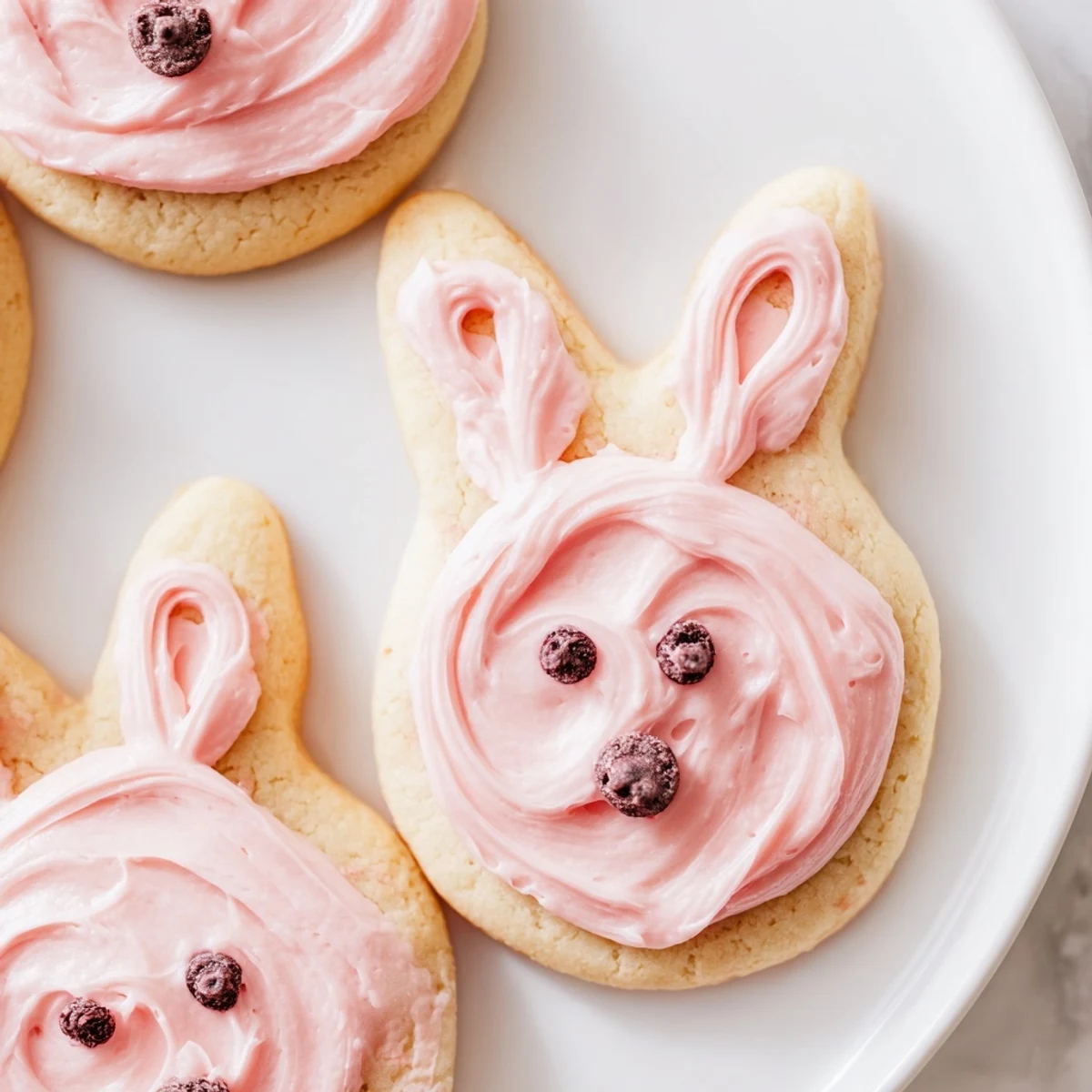 Adorable Buttercream Bunny Cookies with pastel frosting and candy eyes on a rustic baking sheet