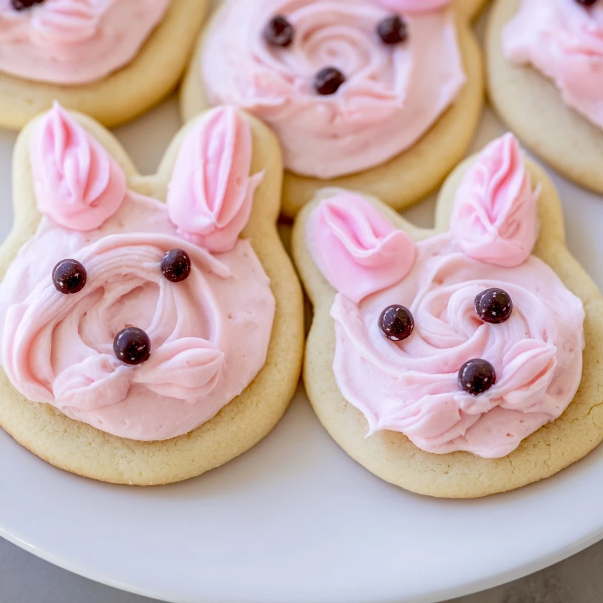 Golden bunny-shaped sugar cookies topped with swirls of fluffy pink buttercream frosting for Easter