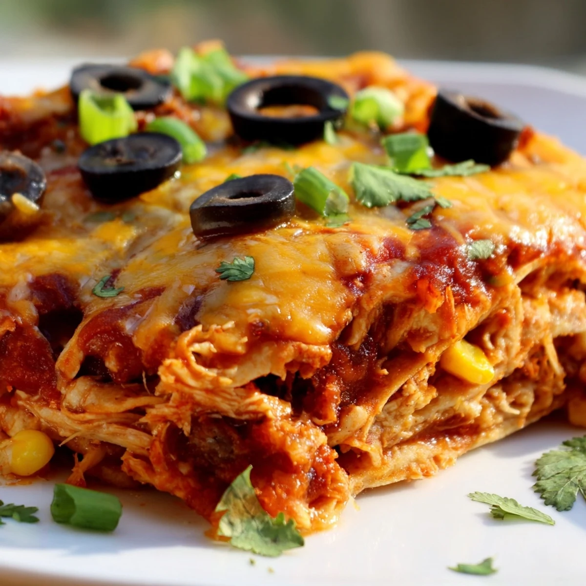 Golden bubbling cheese tops this cheesy shredded chicken enchilada bake fresh from oven