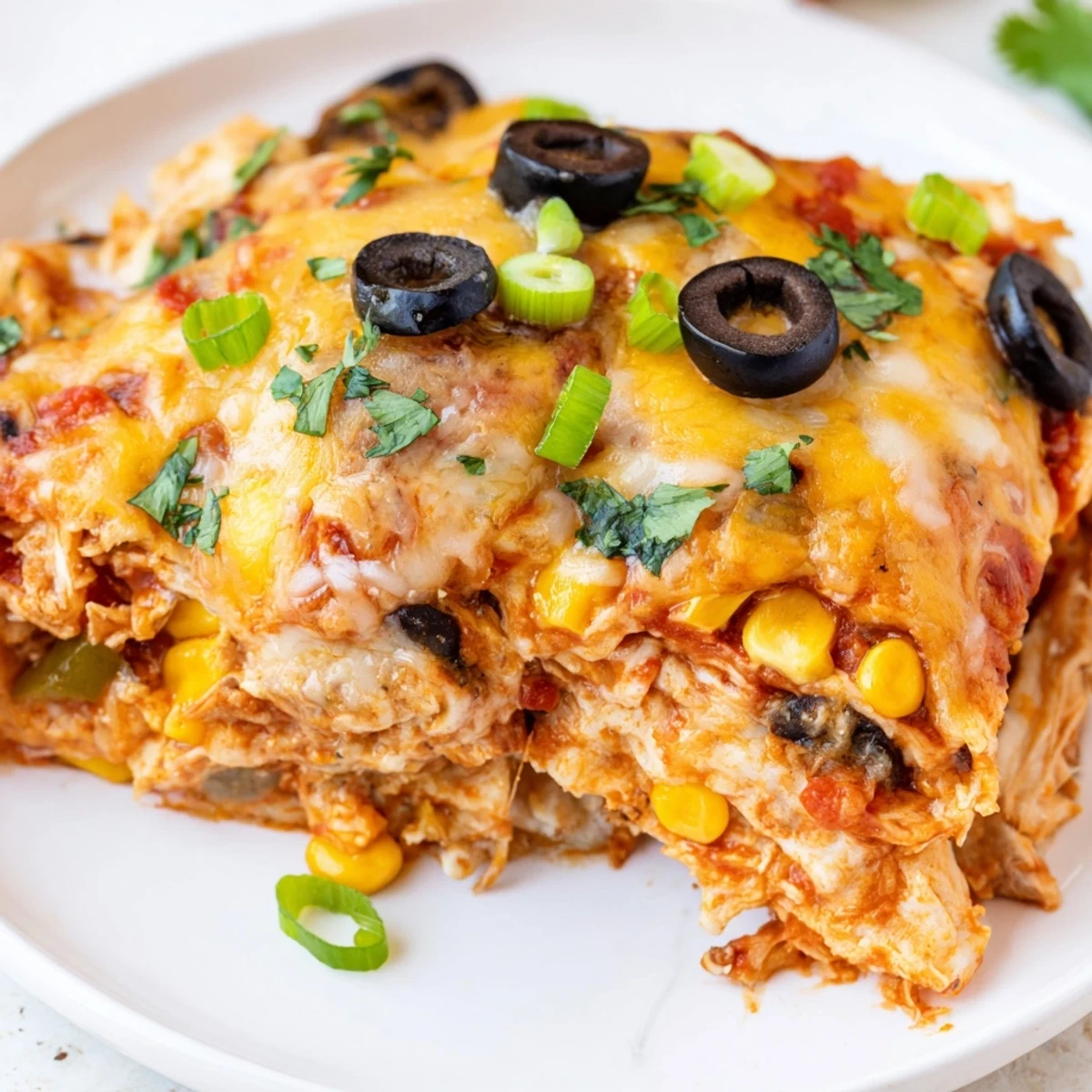 Cheesy shredded chicken enchilada bake with melted cheese and black beans in casserole dish