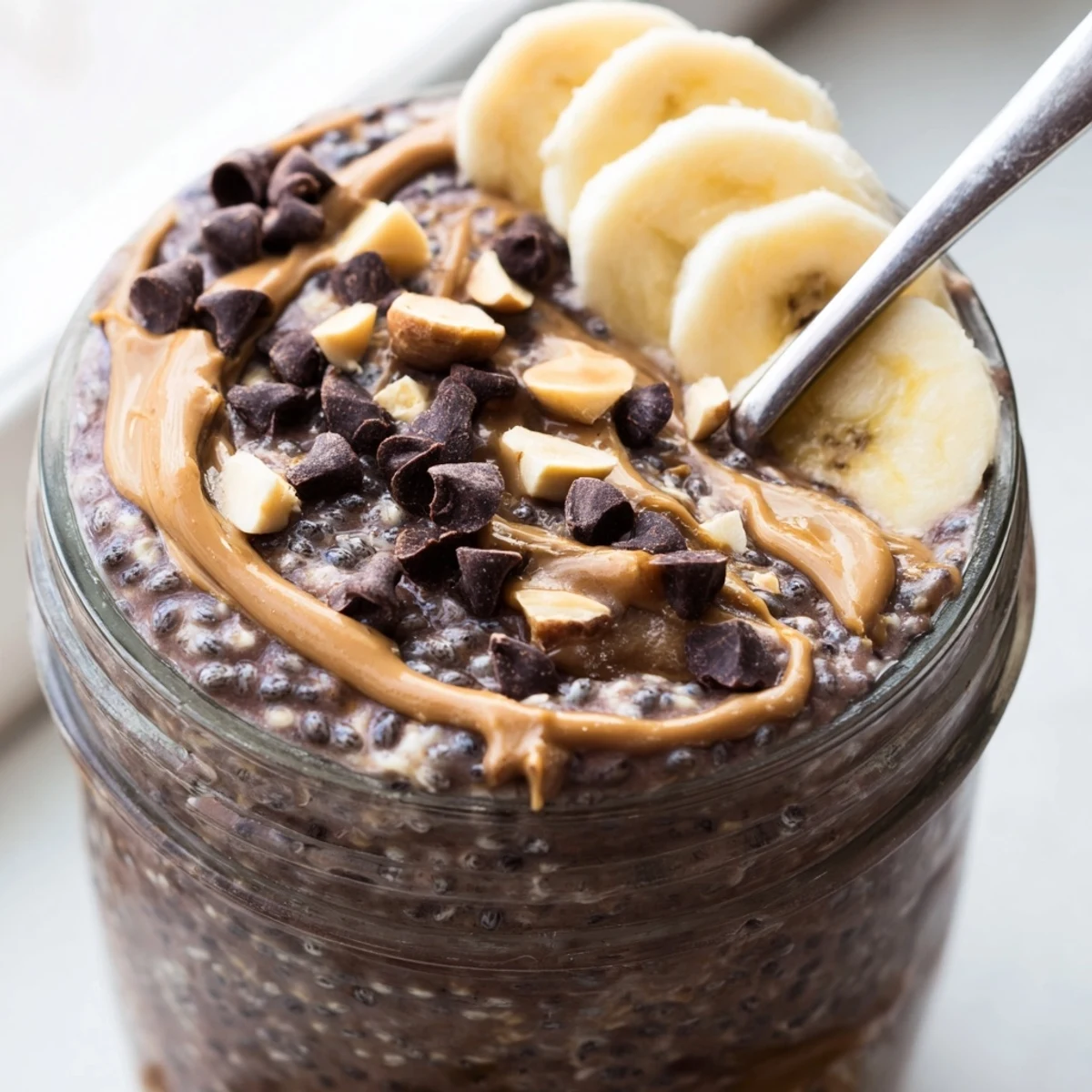 Chocolate peanut butter overnight oats in mason jar topped with chopped peanuts and banana