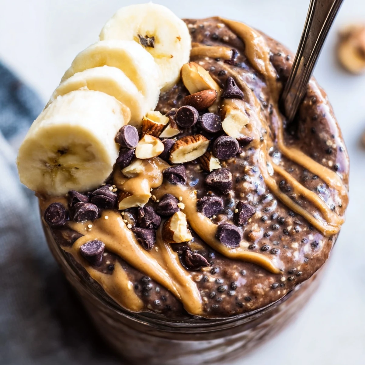 Creamy chocolate peanut butter overnight oats topped with chocolate chips in a glass jar