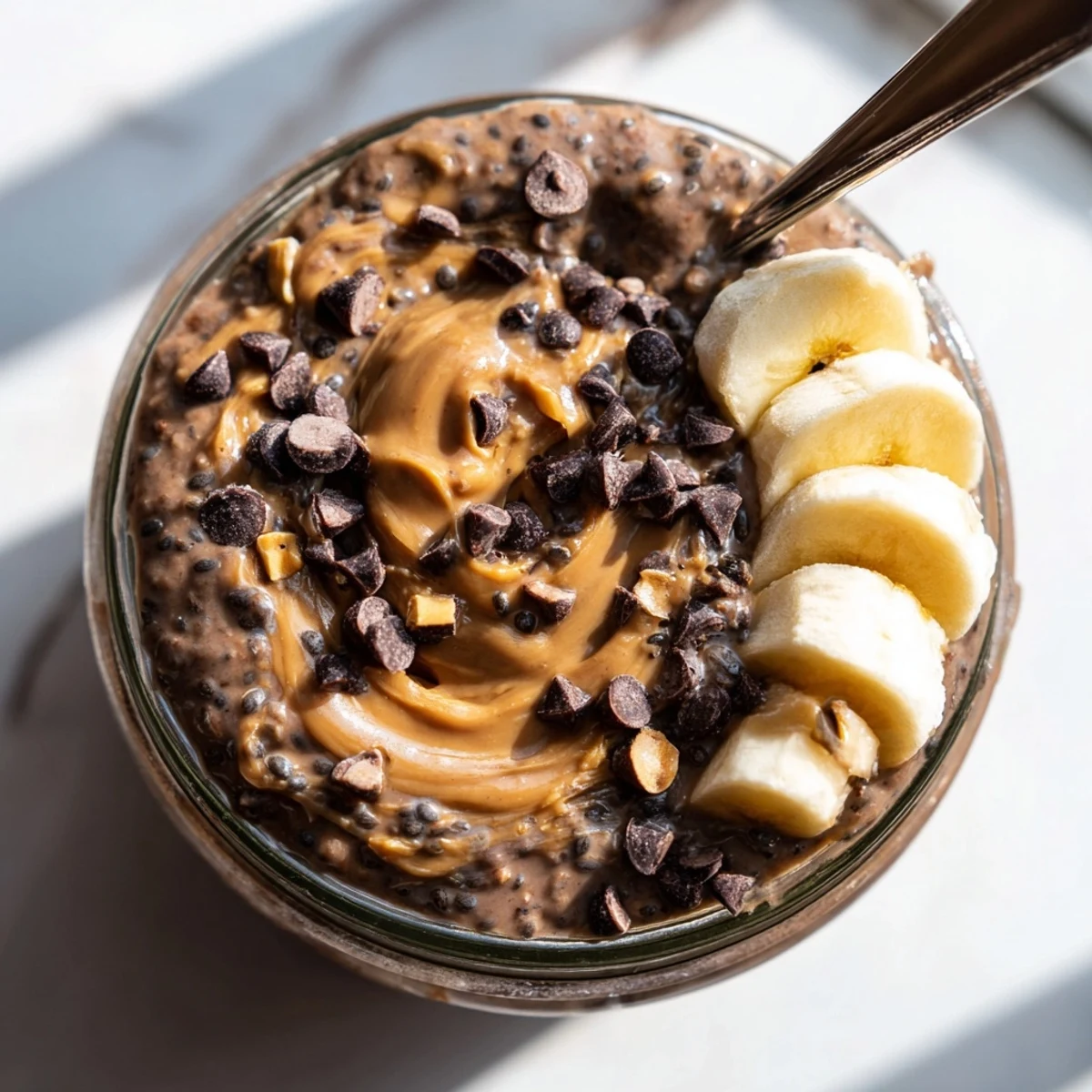 Thick chocolate peanut butter overnight oats swirled with peanut butter and sprinkled with toppings