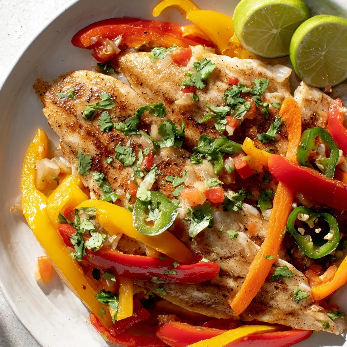 Golden tilapia fillets nestled in spicy roasted peppers with tomatoes and fresh cilantro garnish