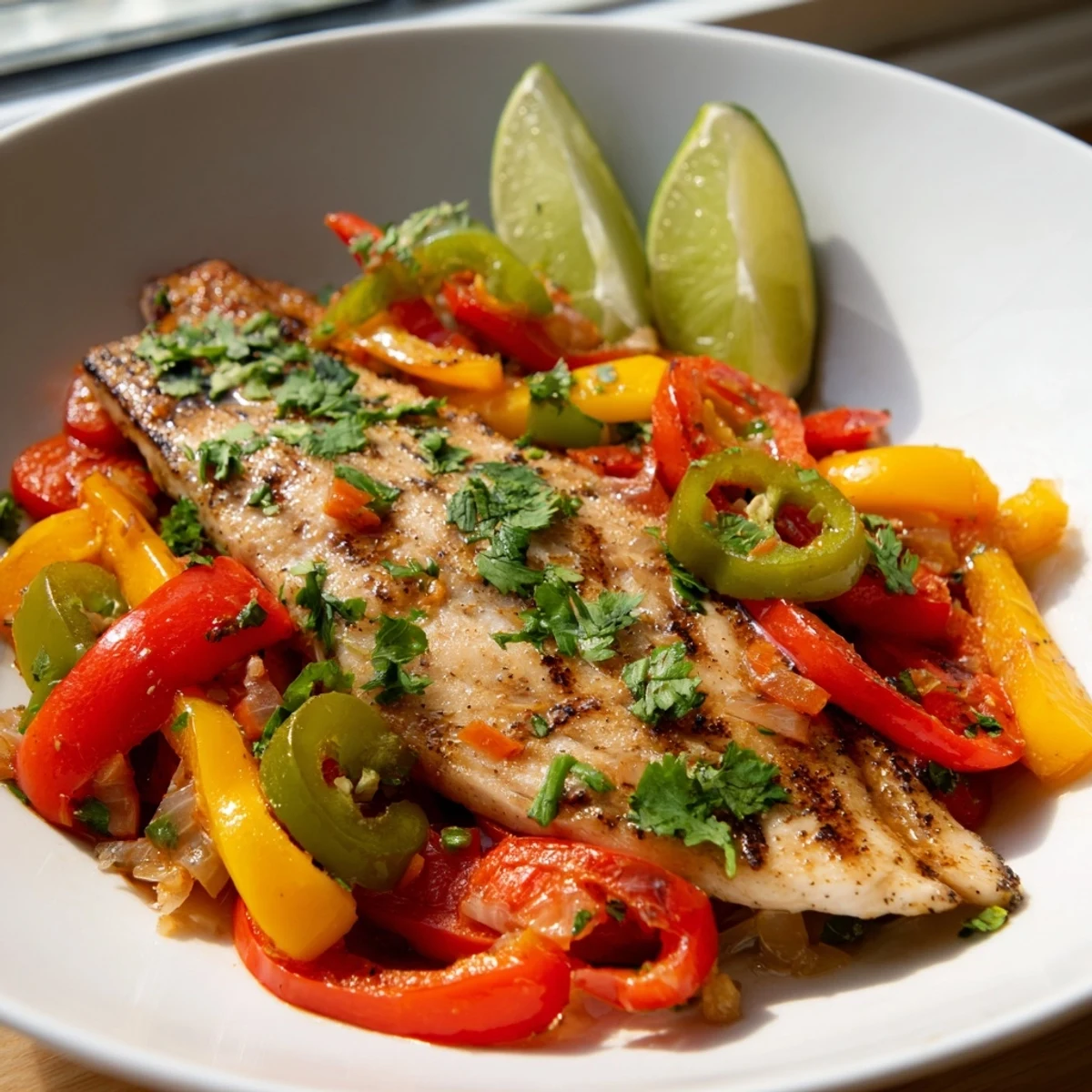 Spicy roasted pepper tilapia skillet with vibrant red and yellow bell peppers in smoky sauce